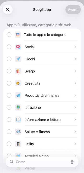 App category selection screen for setting daily limits.