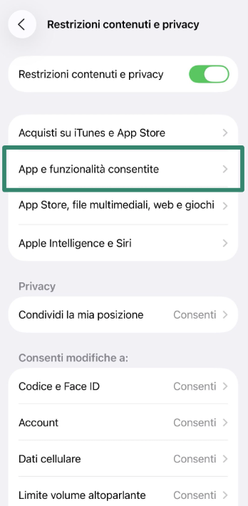 Allowed Apps & Features menu in parental controls.