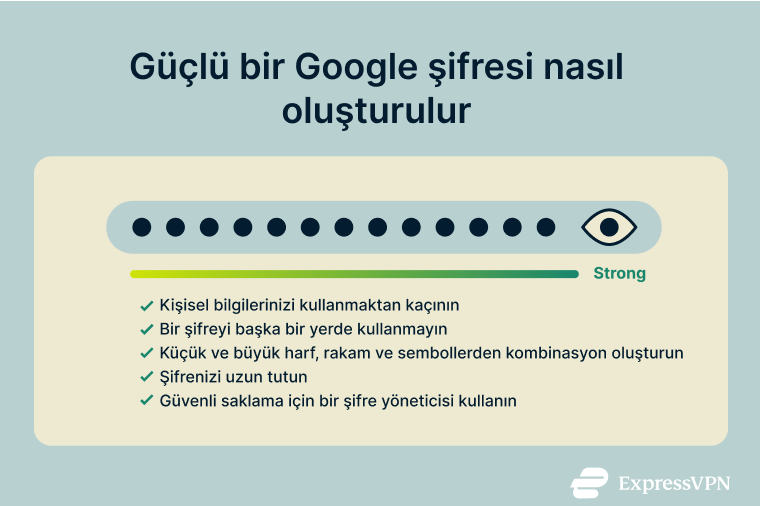 Infographic showing how to create a strong Google password.