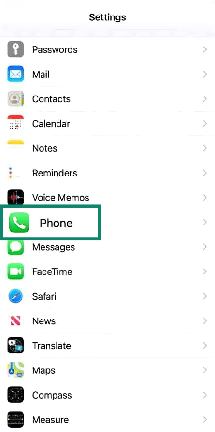  iPhone settings menu, with the “Phone” application option highlighted.