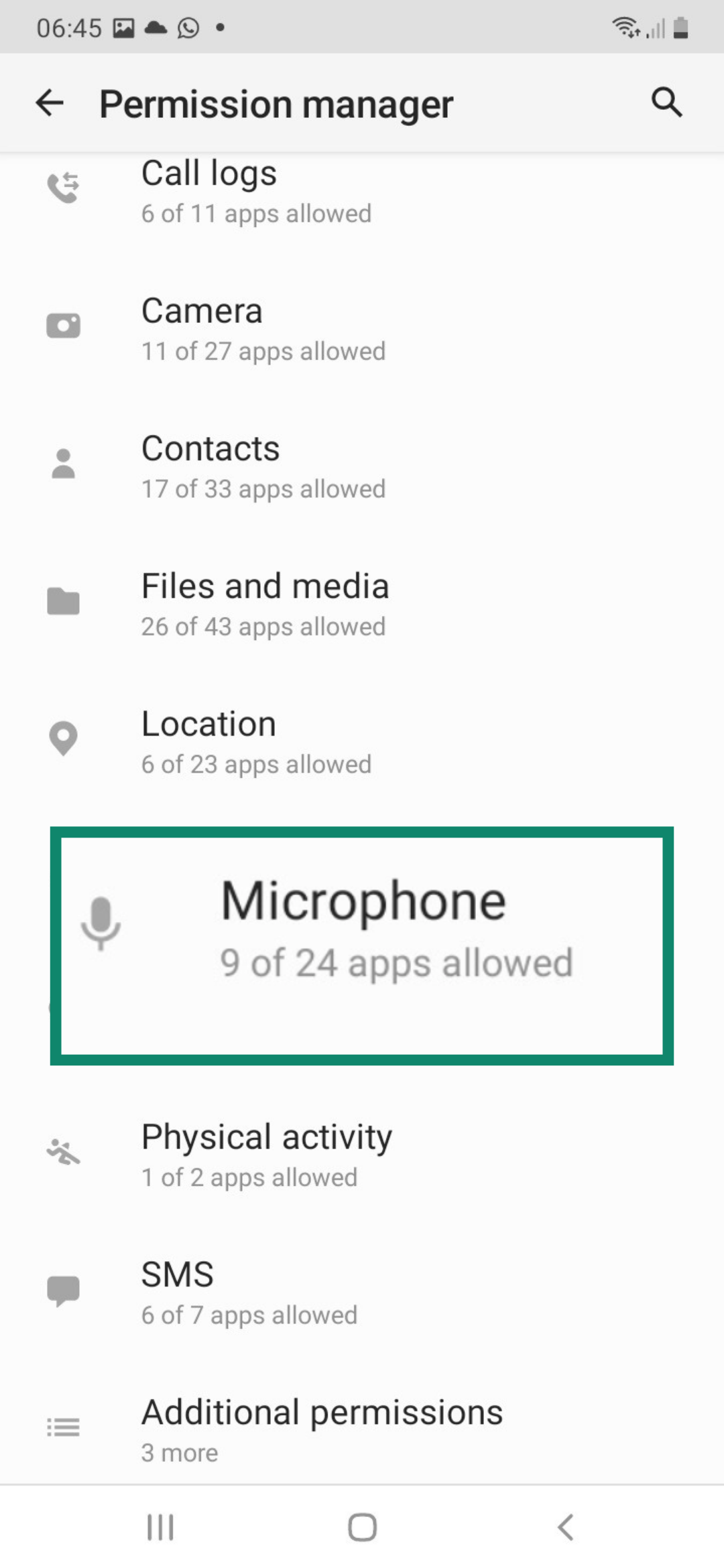 Microphone option in older Android settings.