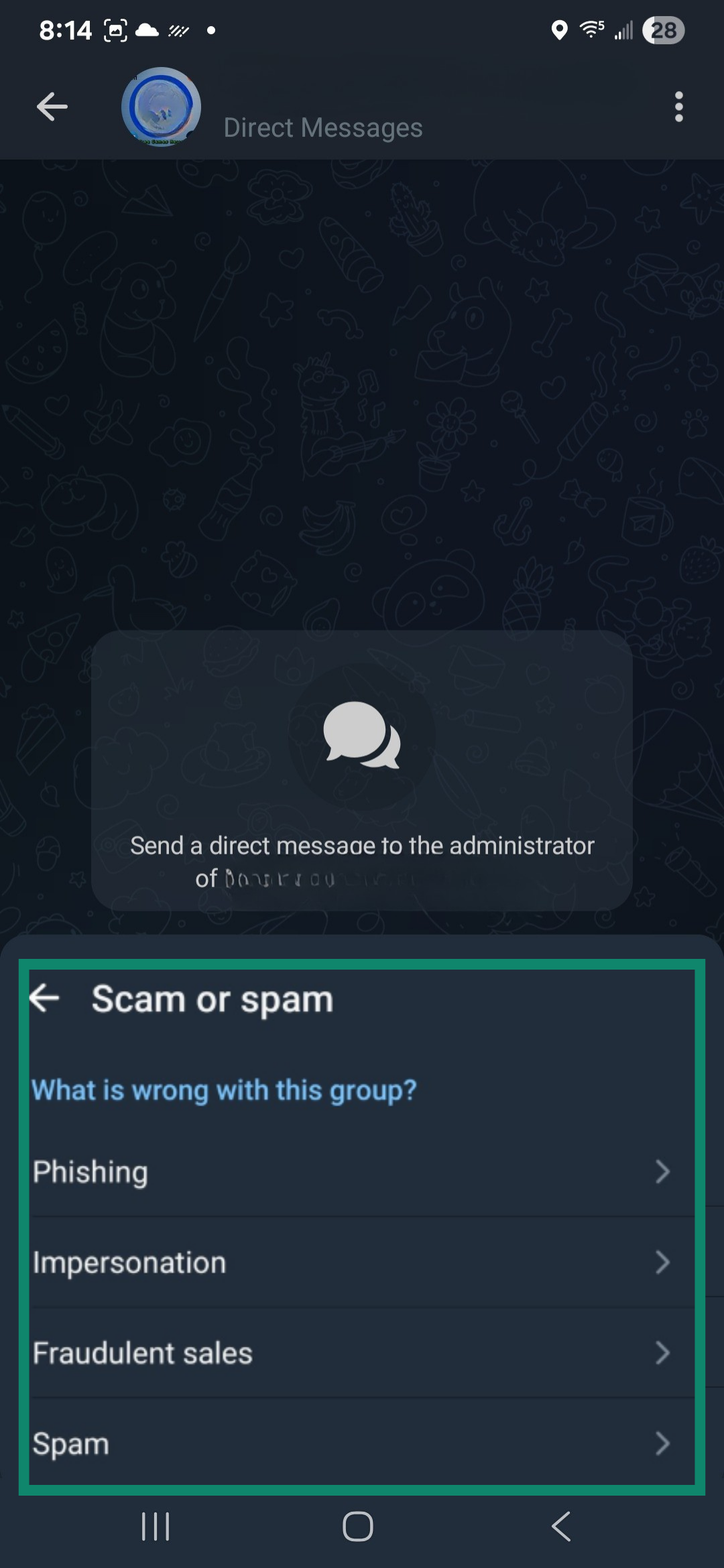 Final stage of reporting a scam or spam group on Telegram.
