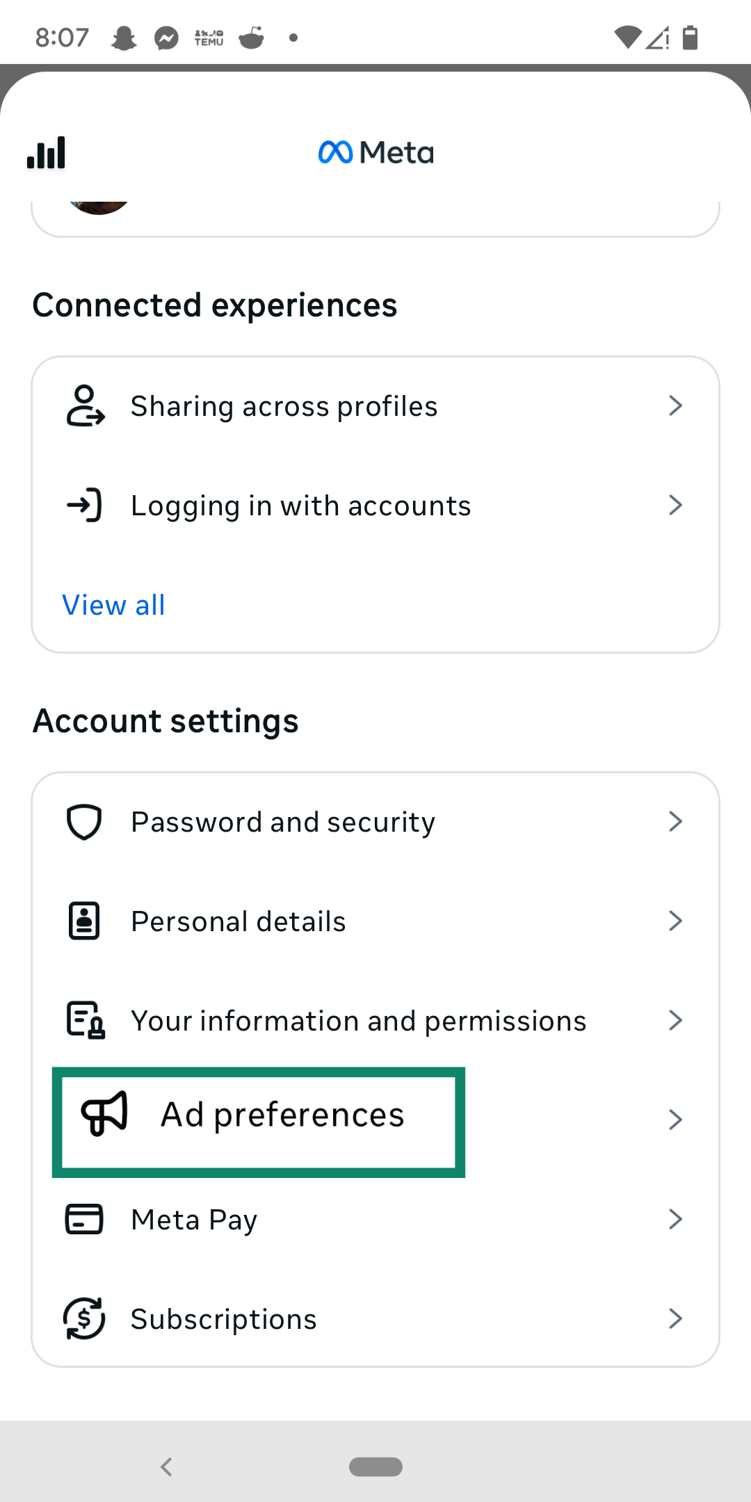 Choosing Ad preferences from Meta Account Center.