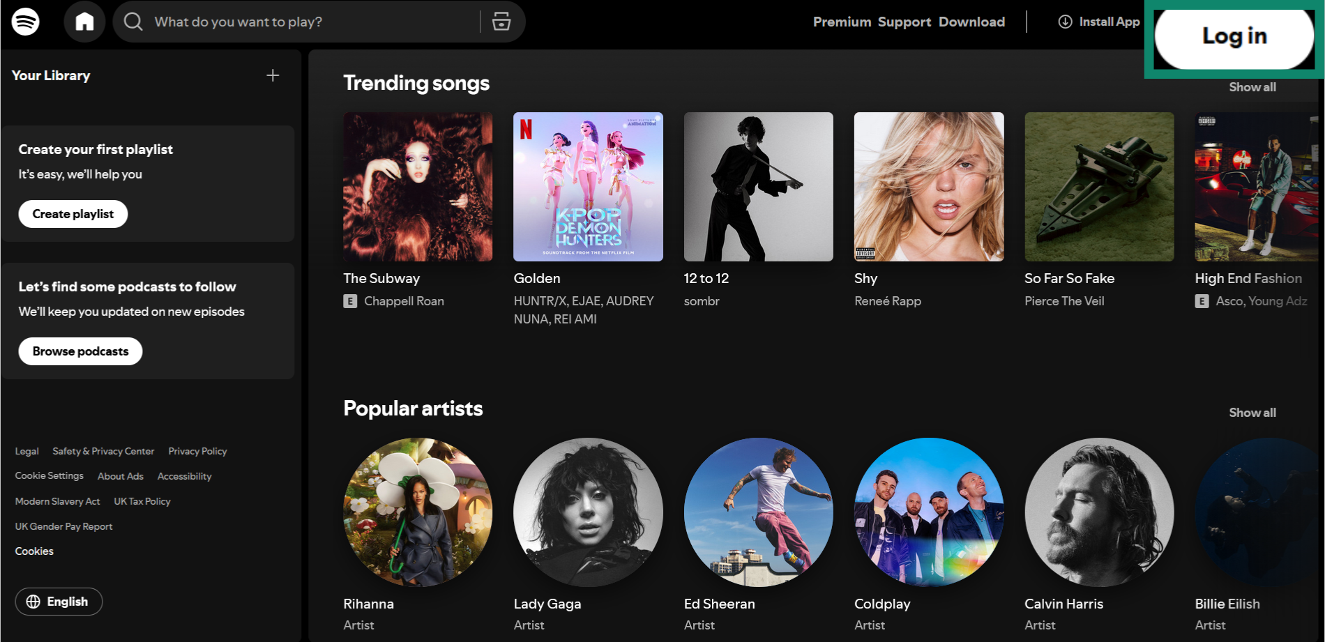 A screenshot of the homepage of the Spotify website.