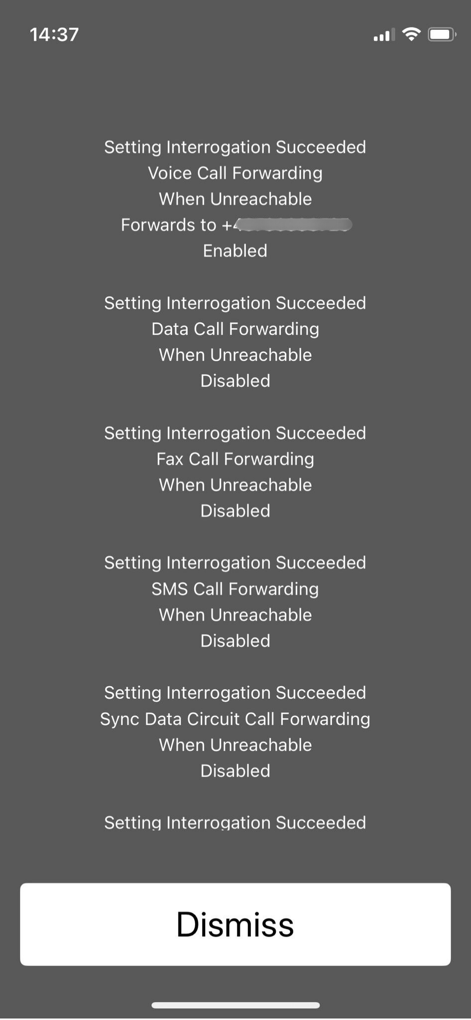 Calling the *#62# MMI code on an iPhone.