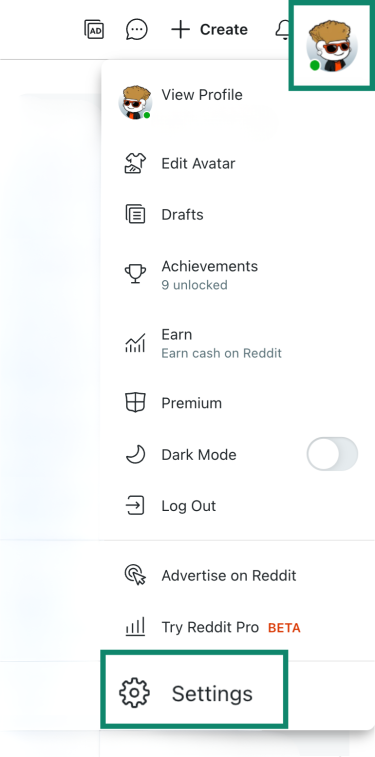 Reddit web page with profile and settings buttons highlighted.