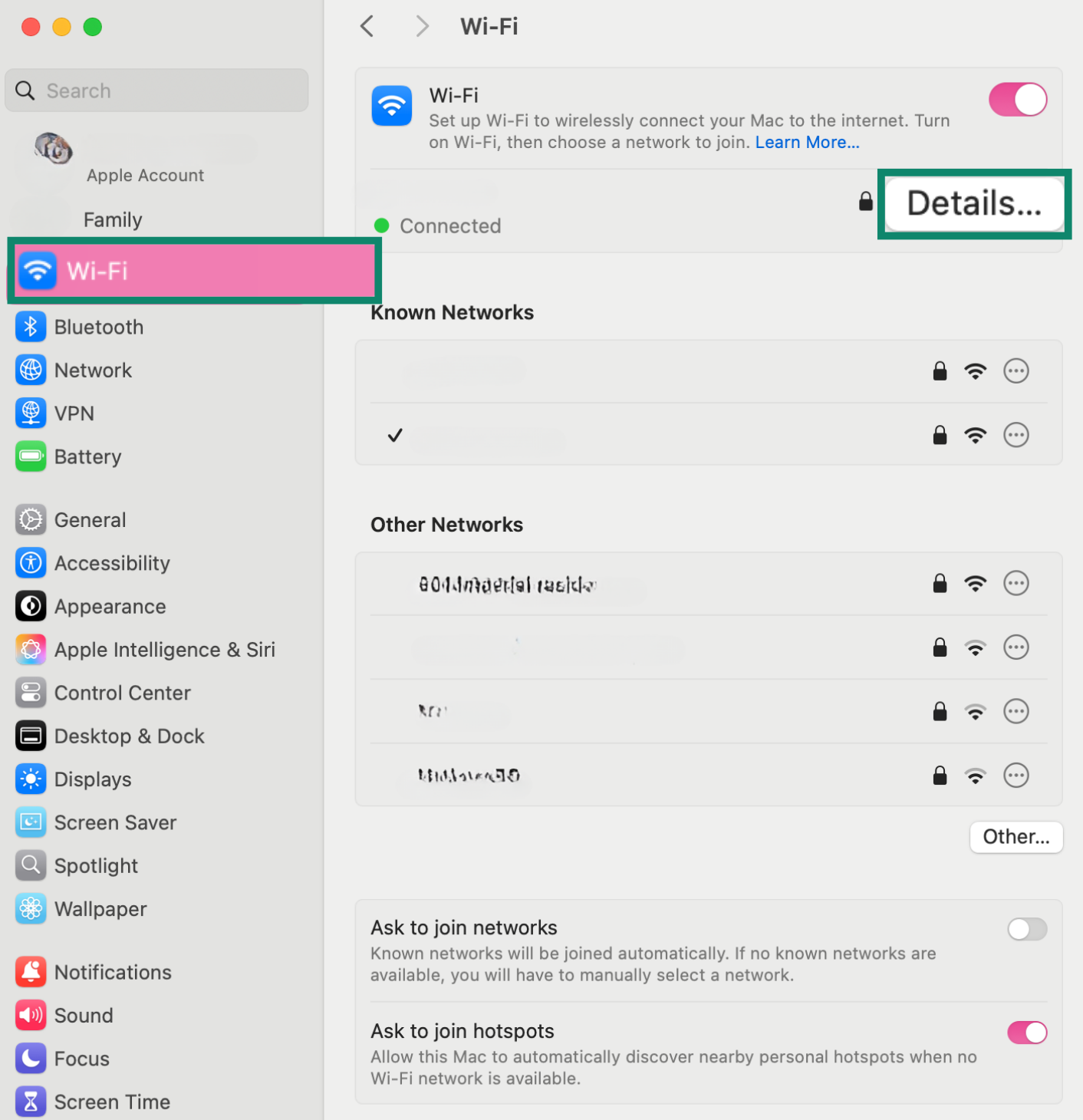 Mac Wi Fi settings screen showing connected network and Details button.