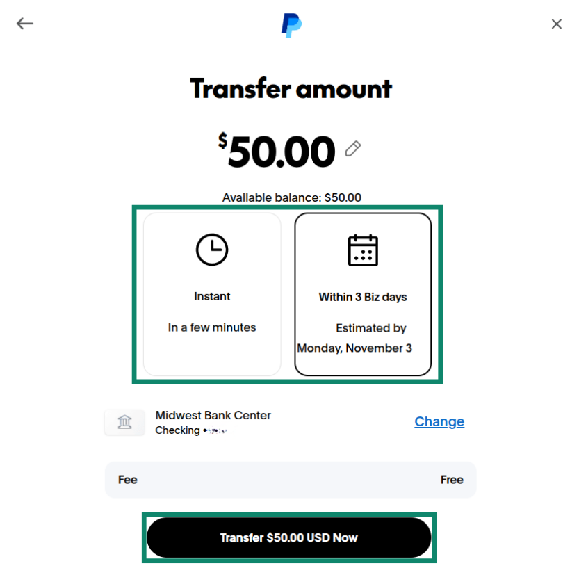 PayPal transfer screen showing two options: an Instant transfer or a Standard transfer.
