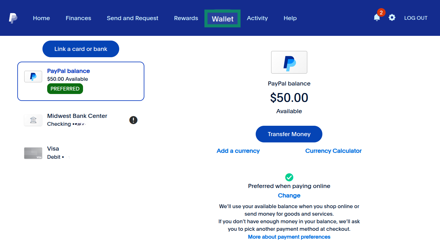 The PayPal web app home screen highlighting the "Wallet" tab.