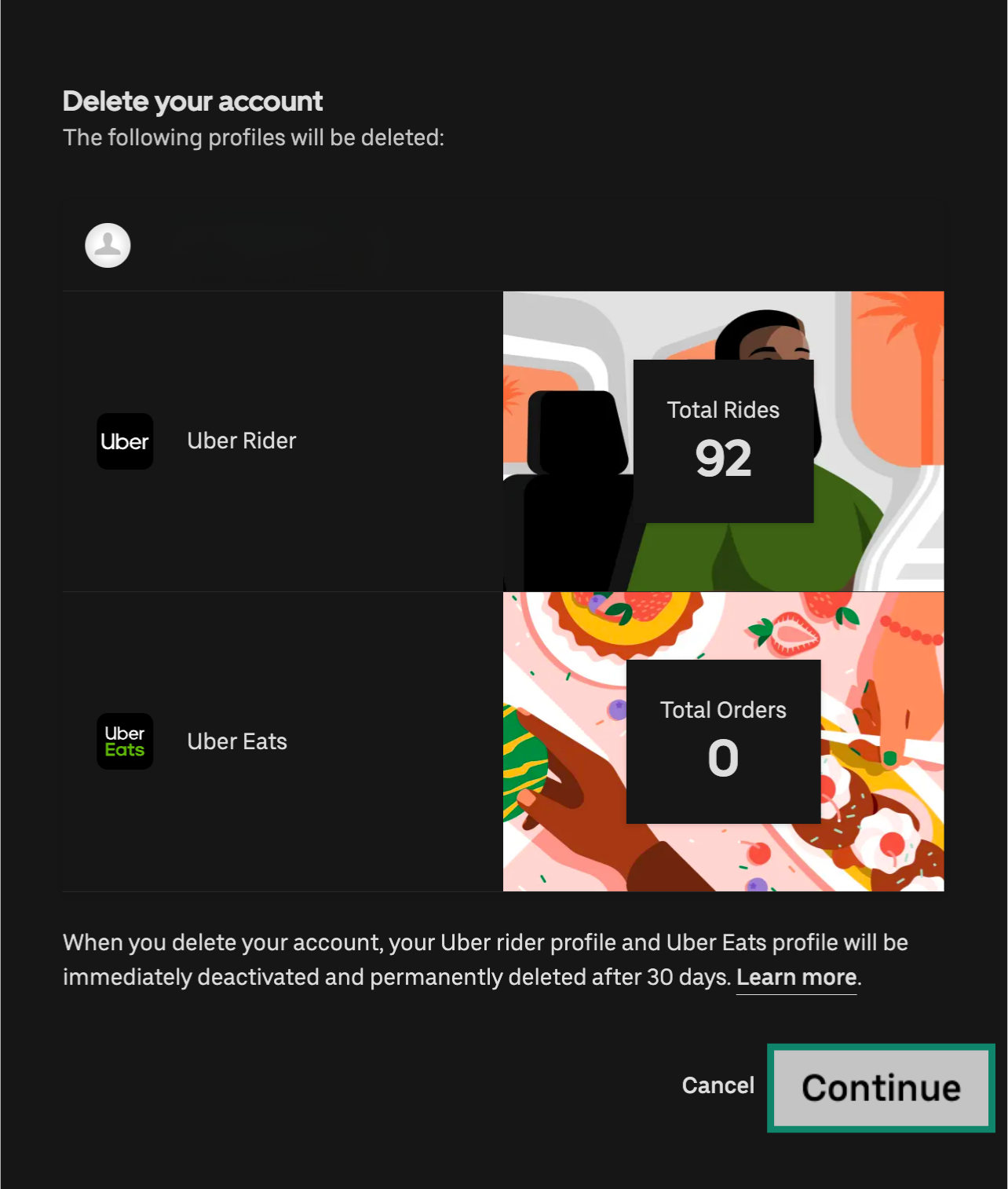 Uber desktop screen showing confirmation of accounts to be deleted.