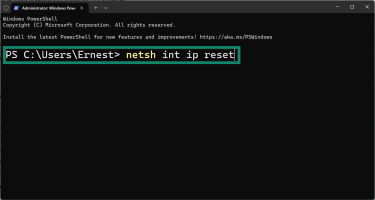 Command Prompt user interface, showing how to reset the TCP/IP stack.