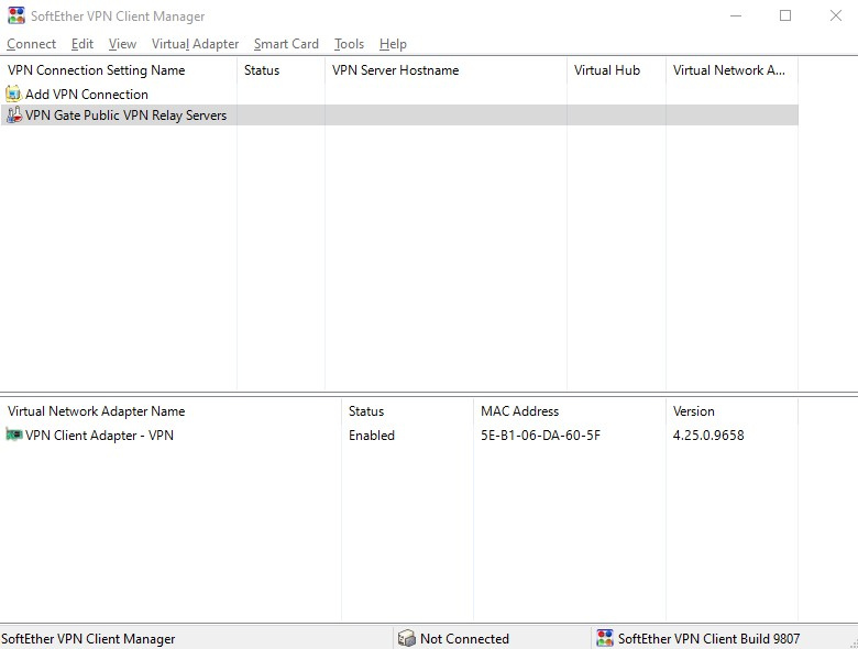 SoftEther VPN Client Manager main screen with VPN Gate Public VPN Relay Servers selected.