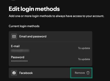 Screenshot of Spotify settings, removing Facebook under Edit login methods