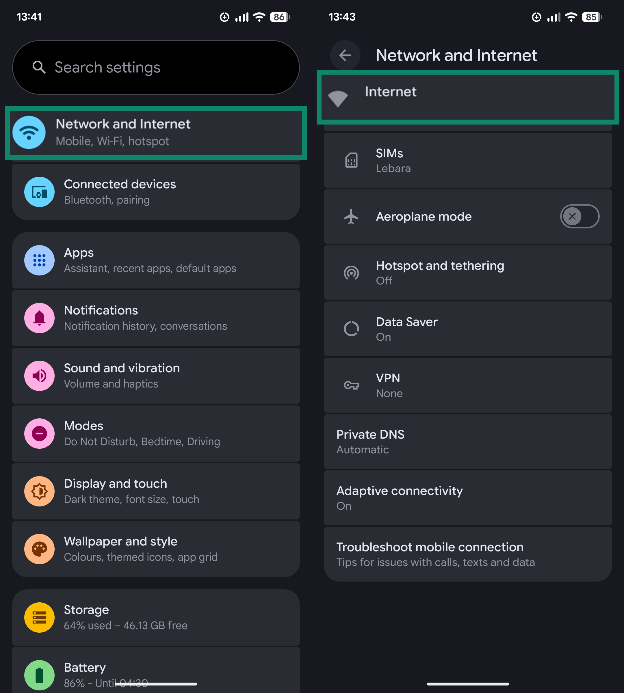 Two Android screenshots, the left shows the Settings menu with Network and Internet highlighted; the right one shows the Network and Internet menu with Internet highlighted