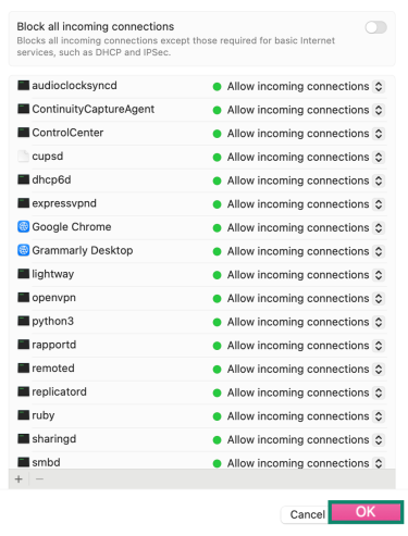 Mac firewall settings window showing a list of apps with permission to allow incoming network connections.