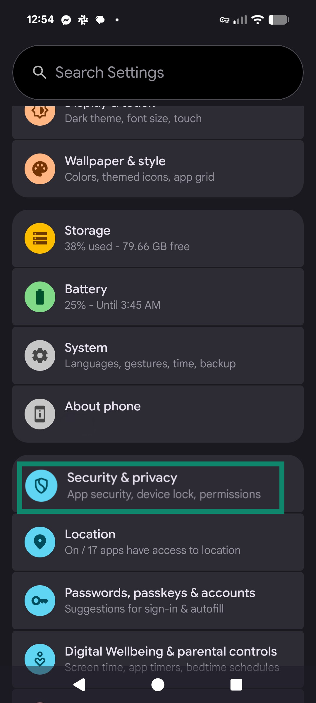 Go back and open Security & privacy.
