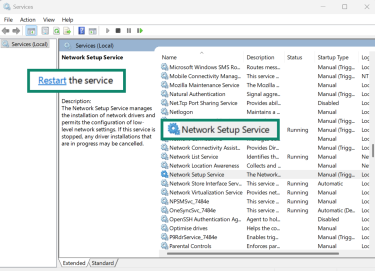 Windows Services console with Network Setup Service selected and the “Restart the service” link highlighted.