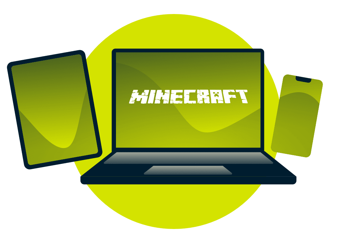 Et utvalg av enheter med Minecraft-logo.