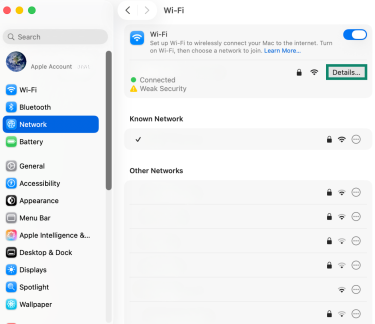 The "Details" button next to the selected Wi-Fi network highlighted on Mac in Network settings.