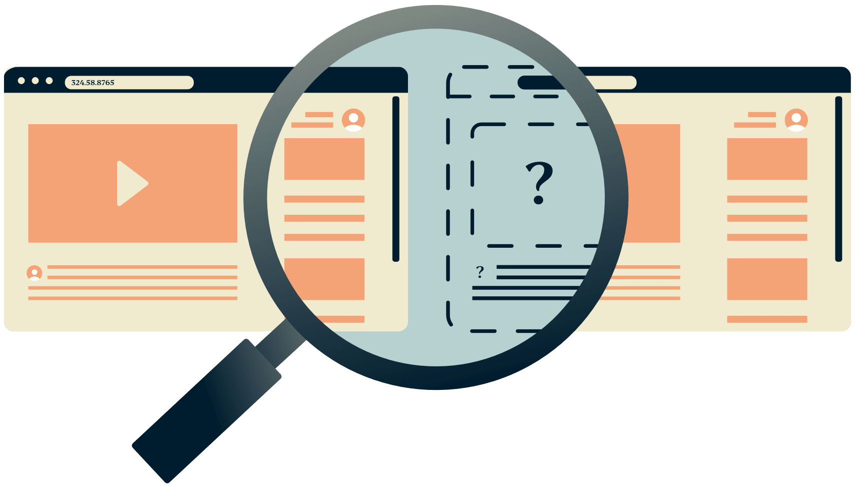 Et forstørrelsesglass over to nettleservinduer hvor en av dem er skjult.