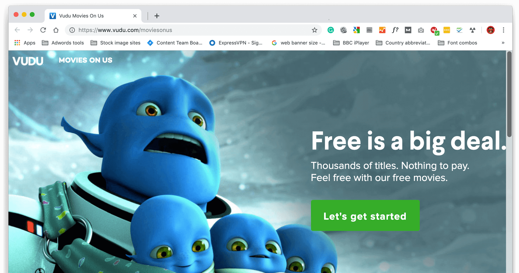 Kuvakaappaus Vudun verkkosivustolta, Movies On Us -osio.