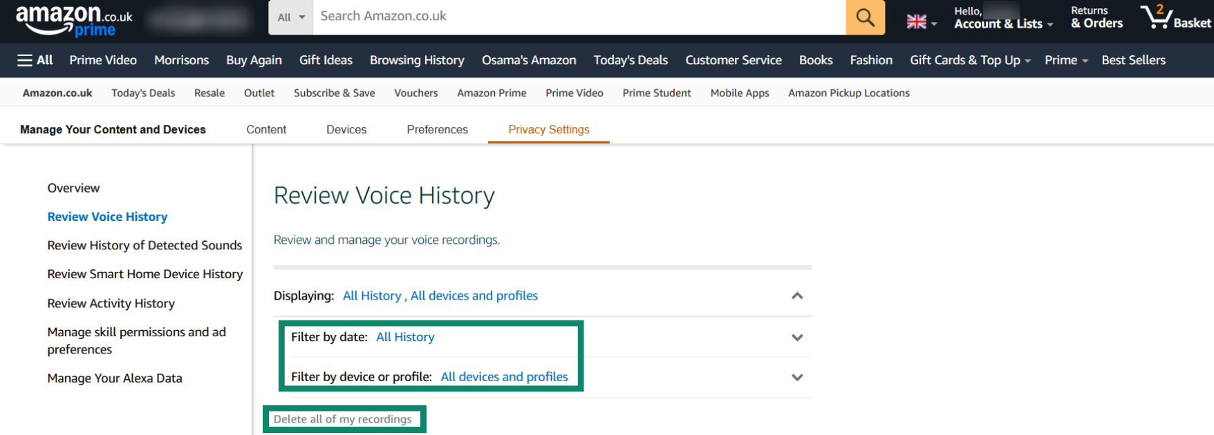 Selecting all voice recordings and deleting them through the Amazon website.