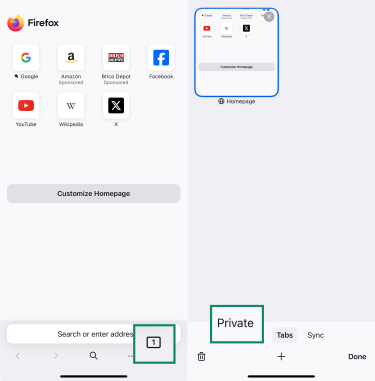 Two side-by-side screenshots of the Firefox app on iPhone. The left screenshot highlights the tab icon at the bottom. The right screenshot shows a screen with all open tabs and the “Private” option highlighted.