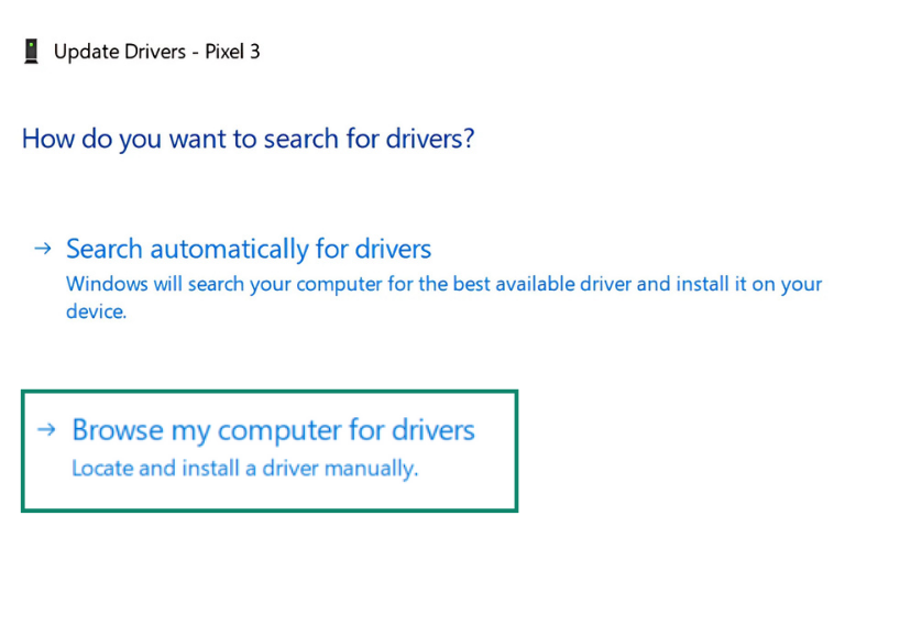 Windows driver update screen with options to search automatically or browse computer for drivers