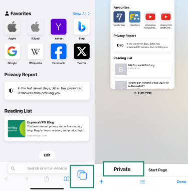 Two side-by-side screenshots of the Safari app on iPhone. The left screenshot highlights the tab icon—two overlapping squares in the bottom-right corner. The right screenshot shows the “Private” tab selected for private browsing.