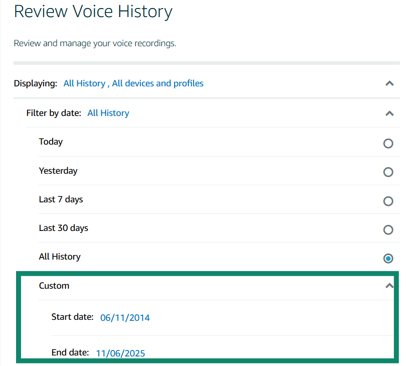 Choosing specific dates to delete Alexa voice recordings from.