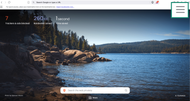 Brave browser home screen with three-line menu icon highlighted in the top-right corner