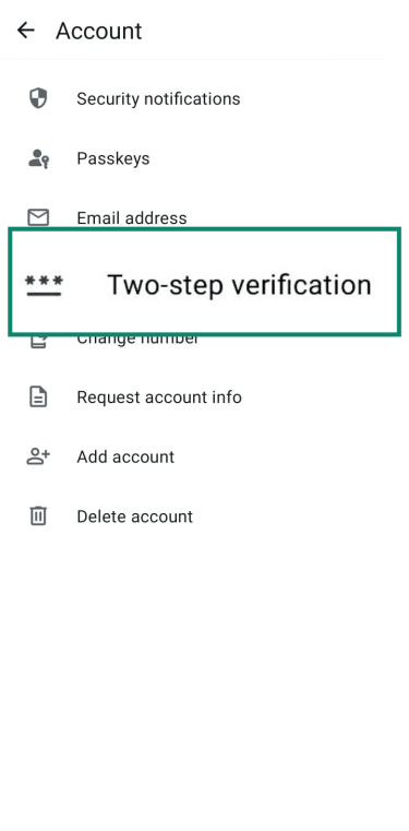 The WhatsApp Account settings menu, with the 'Two-step verification' option highlighted.