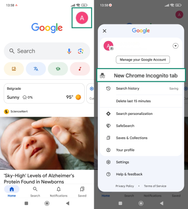 Two side-by-side screenshots of the Chrome app on Android. The left screenshot highlights the user’s profile icon in the bottom-right corner. The right screenshot shows the menu with “New Chrome Incognito Tab” highlighted.