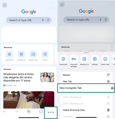 Two side-by-side screenshots of the Chrome app on iPhone. The left screenshot highlights the three-dot menu icon in the bottom-right corner. The right screenshot shows the menu open with “New Incognito Tab” highlighted.