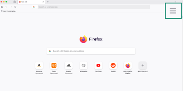 Firefox desktop home screen with menu button highlighted for private browsing access