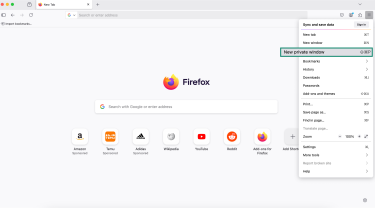 New private window option highlighted in Firefox desktop browser menu
