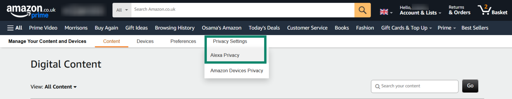 Opening Alexa Privacy settings in the Amazon website.