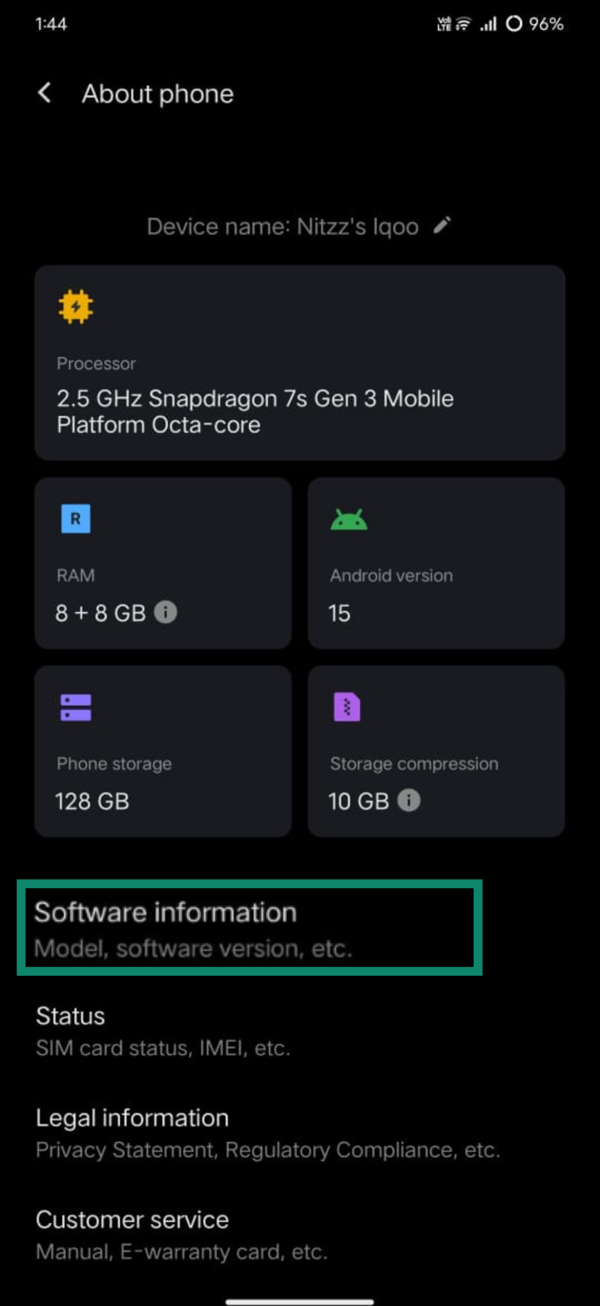 Android's About phone settings opened with Software information highlighted