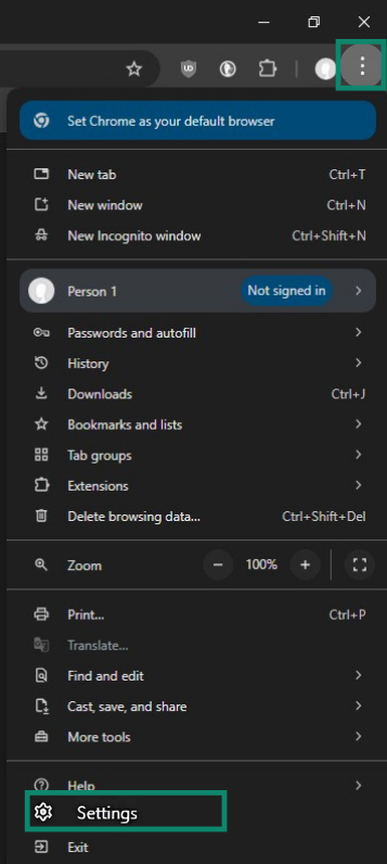 The Chrome browser showing the three-dot menu with the Settings option highlighted.