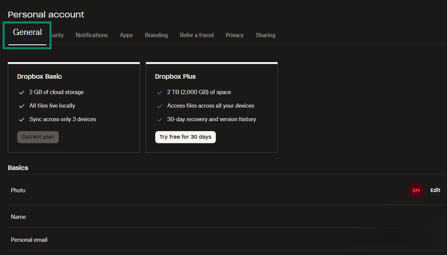 Dropbox settings menu opened to General.