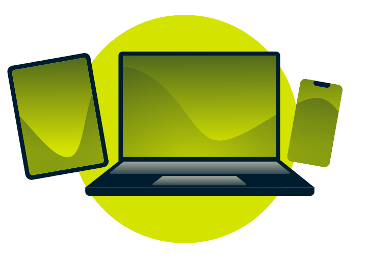 A laptop, tablet, and phone, with a wine glass and rose.